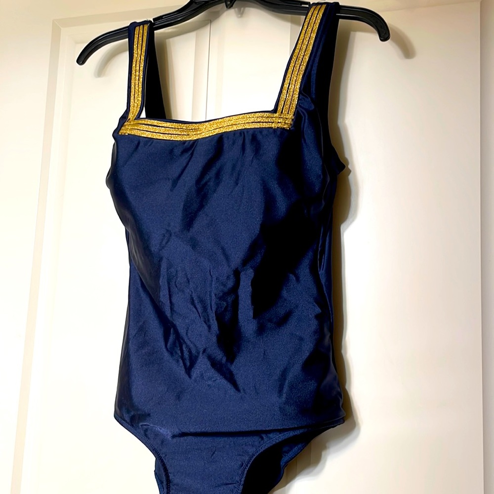 Gottex Navy Blue One-Piece Swimsuit with Gold Trim